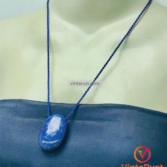 Lapis Lazuli Pendant Necklace, Gemstone Oval Shape Necklace Natural Good Quality - Picture 6 of 11